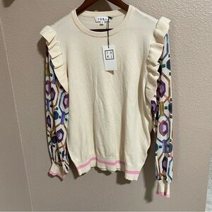 THML Cream long sleeve top blouse with Colorful Geometric Sleeves